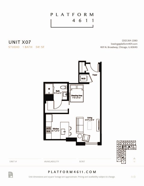 Floor plan for studio, 1 bath, 541 sqft